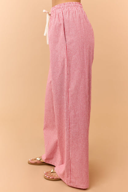 Crimson Pinstriped Wide Leg Drawstring Cotton Pants