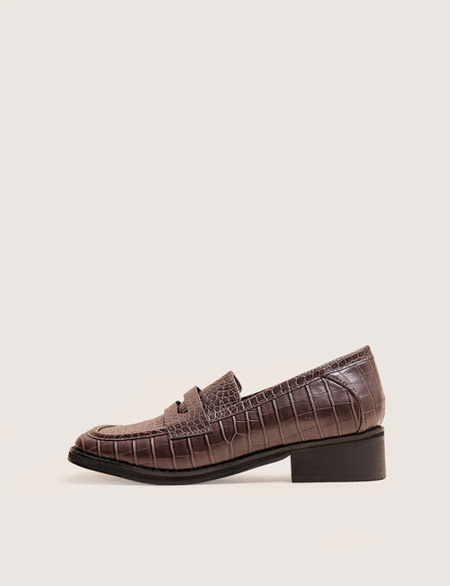 Decaf Brown Croc Square Toe Penny Loafer