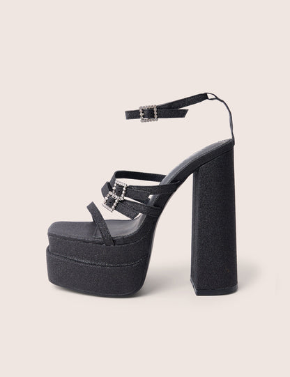 Disco Ball Black Buckle Embellished Detail Platform Heels