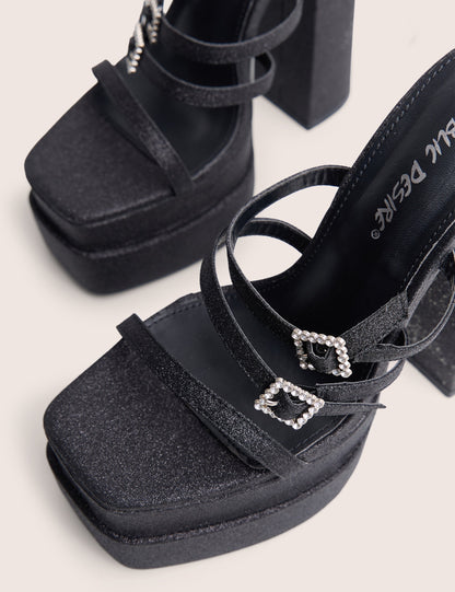 Disco Ball Black Buckle Embellished Detail Platform Heels