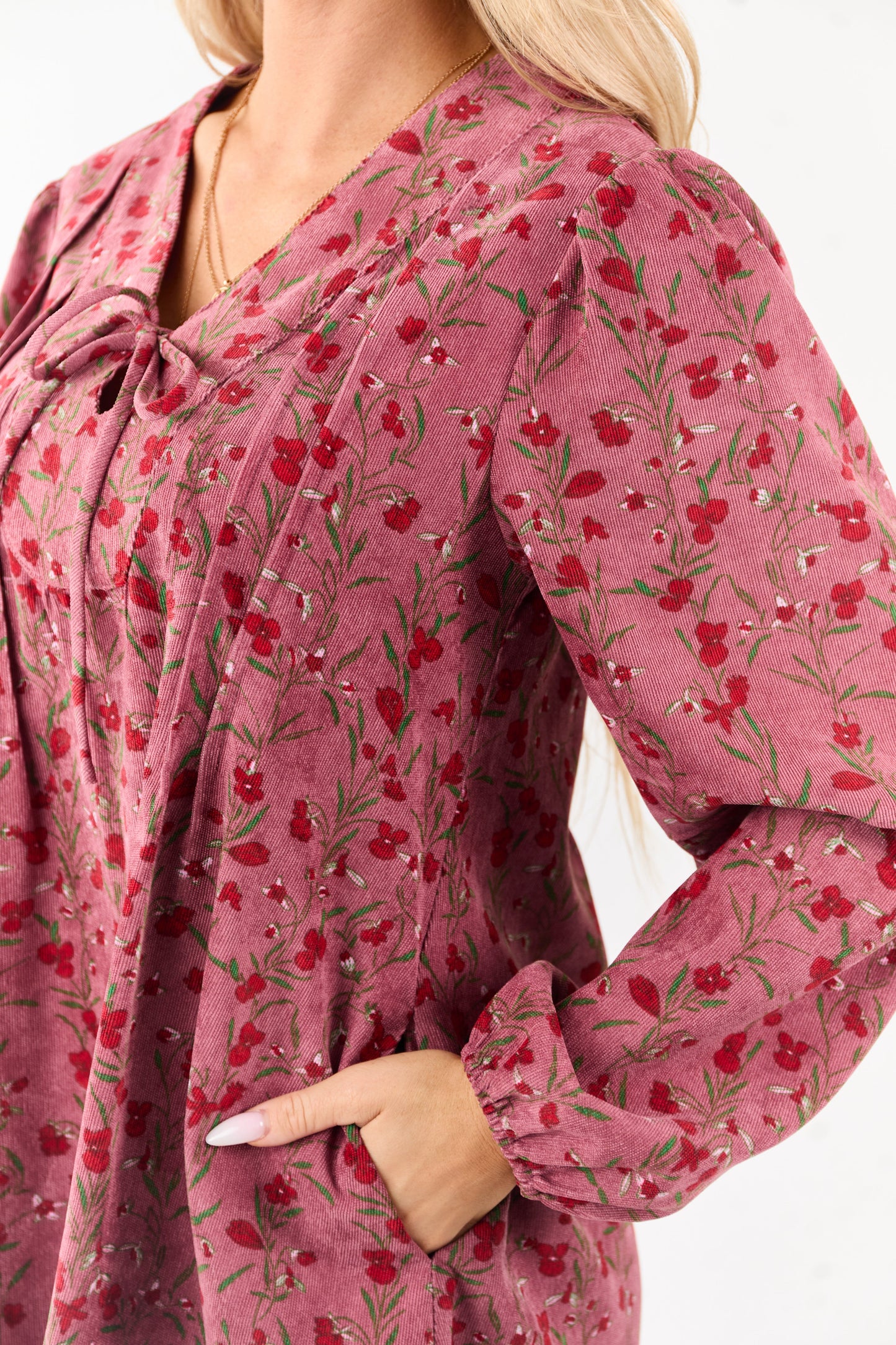 Dark Mauve Floral Corduroy Long Sleeve Mini Dress