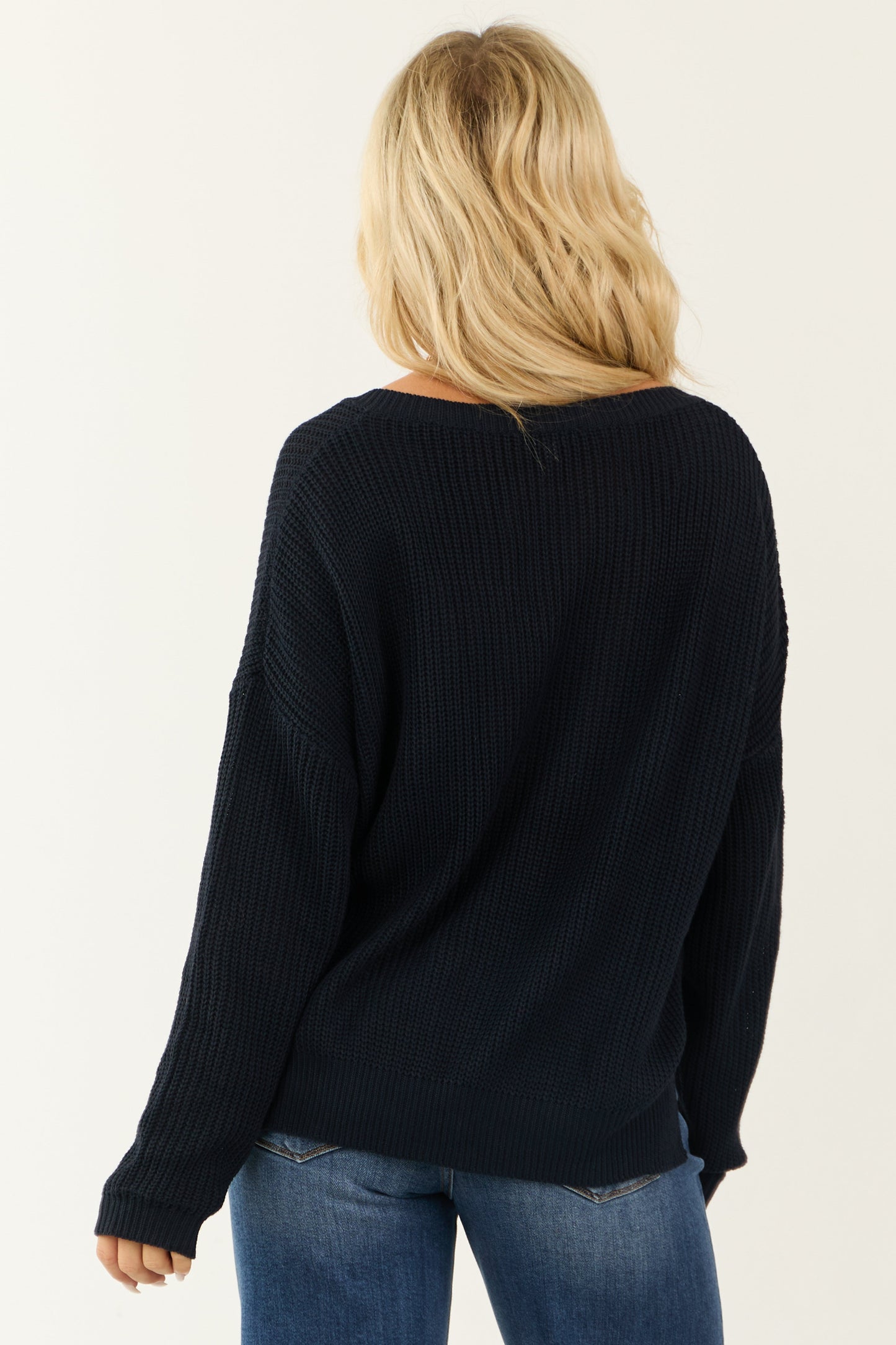 Dark Navy V Neck Chest Pocket Knit Sweater