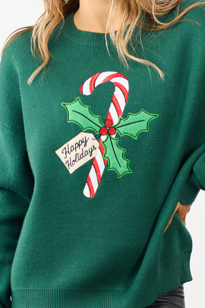 Dark Pine Candy Cane Graphic Relaxed Knit Sweater