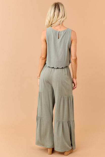 Dark Sage Linen Blend Flowy Wide Leg Pants
