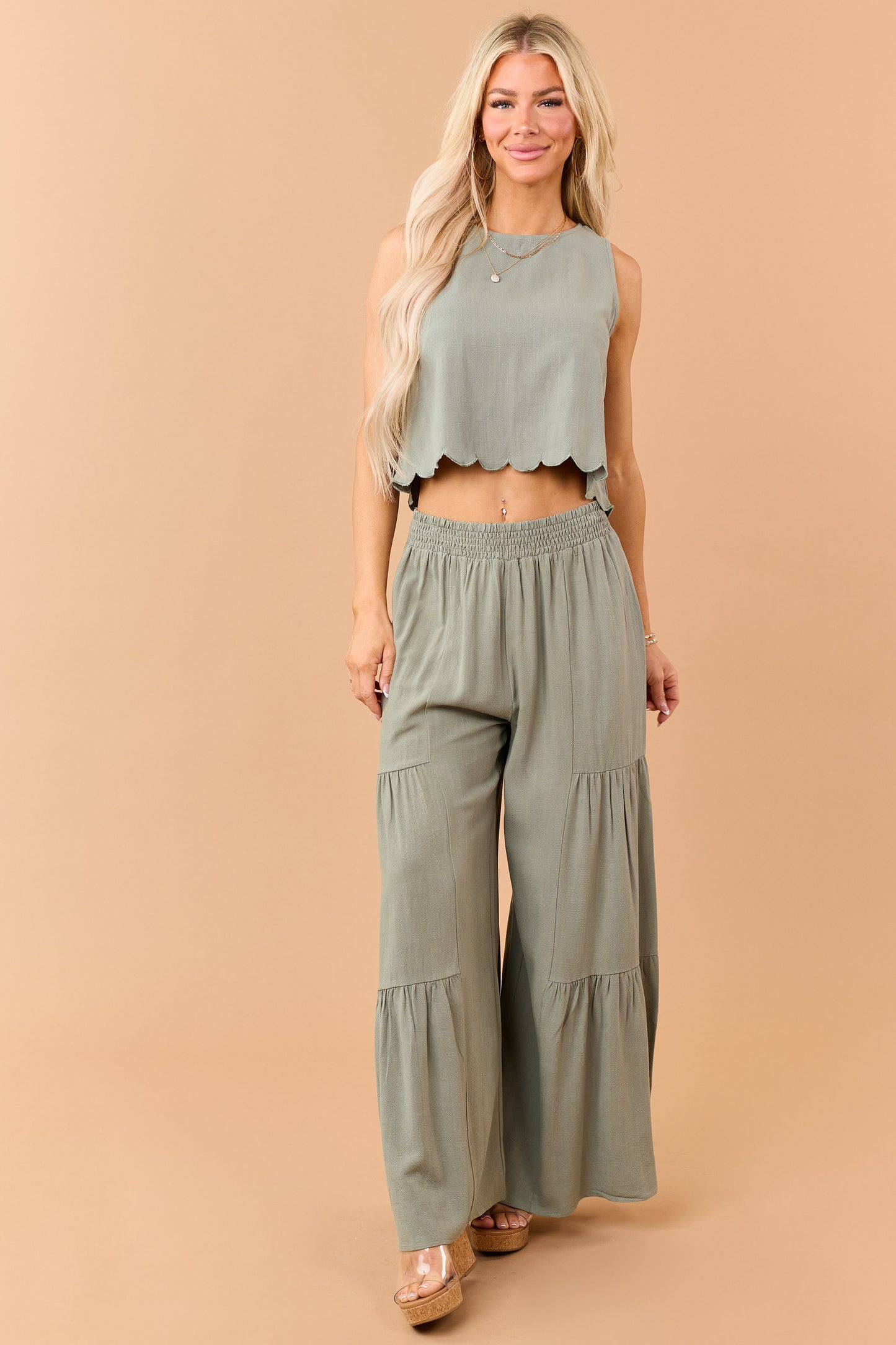 Dark Sage Linen Blend Flowy Wide Leg Pants