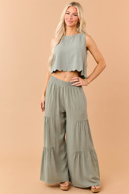 Dark Sage Linen Blend Flowy Wide Leg Pants