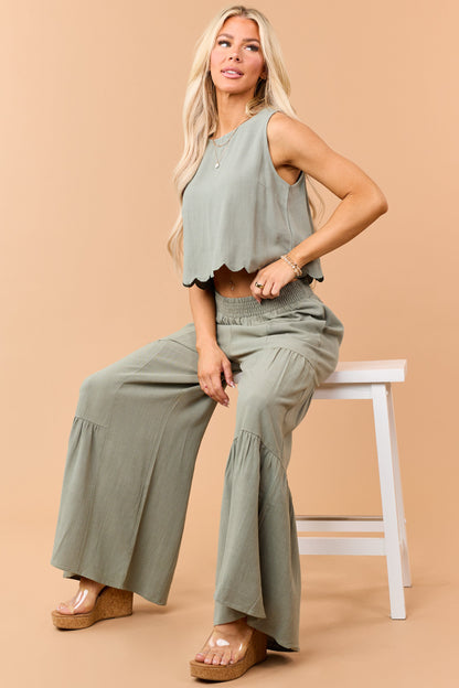 Dark Sage Linen Blend Flowy Wide Leg Pants