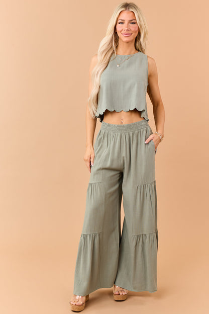 Dark Sage Linen Blend Flowy Wide Leg Pants