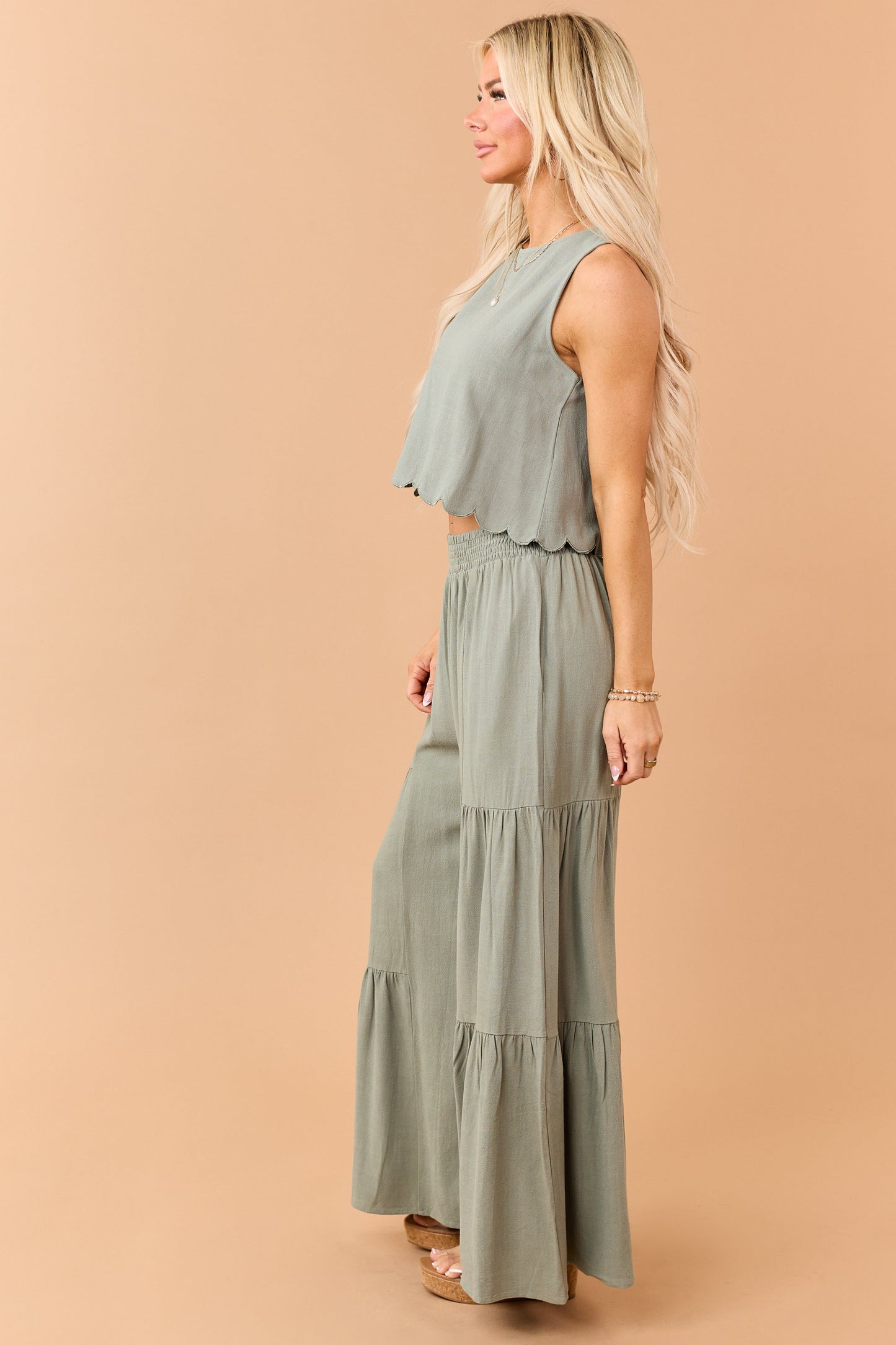 Dark Sage Linen Blend Flowy Wide Leg Pants
