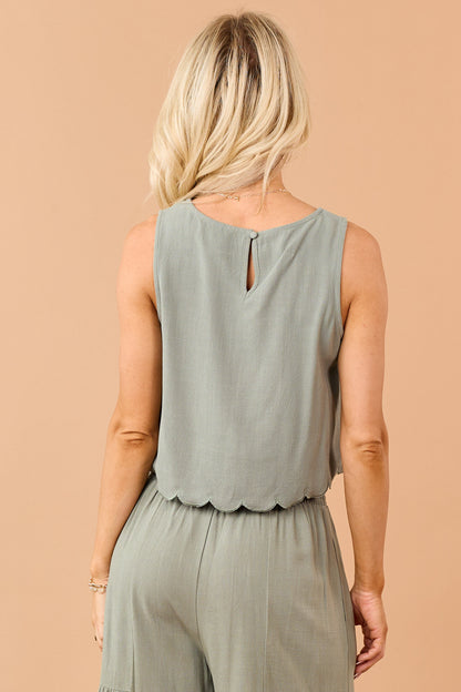 Dark Sage Linen Blend Scalloped Hem Tank Top