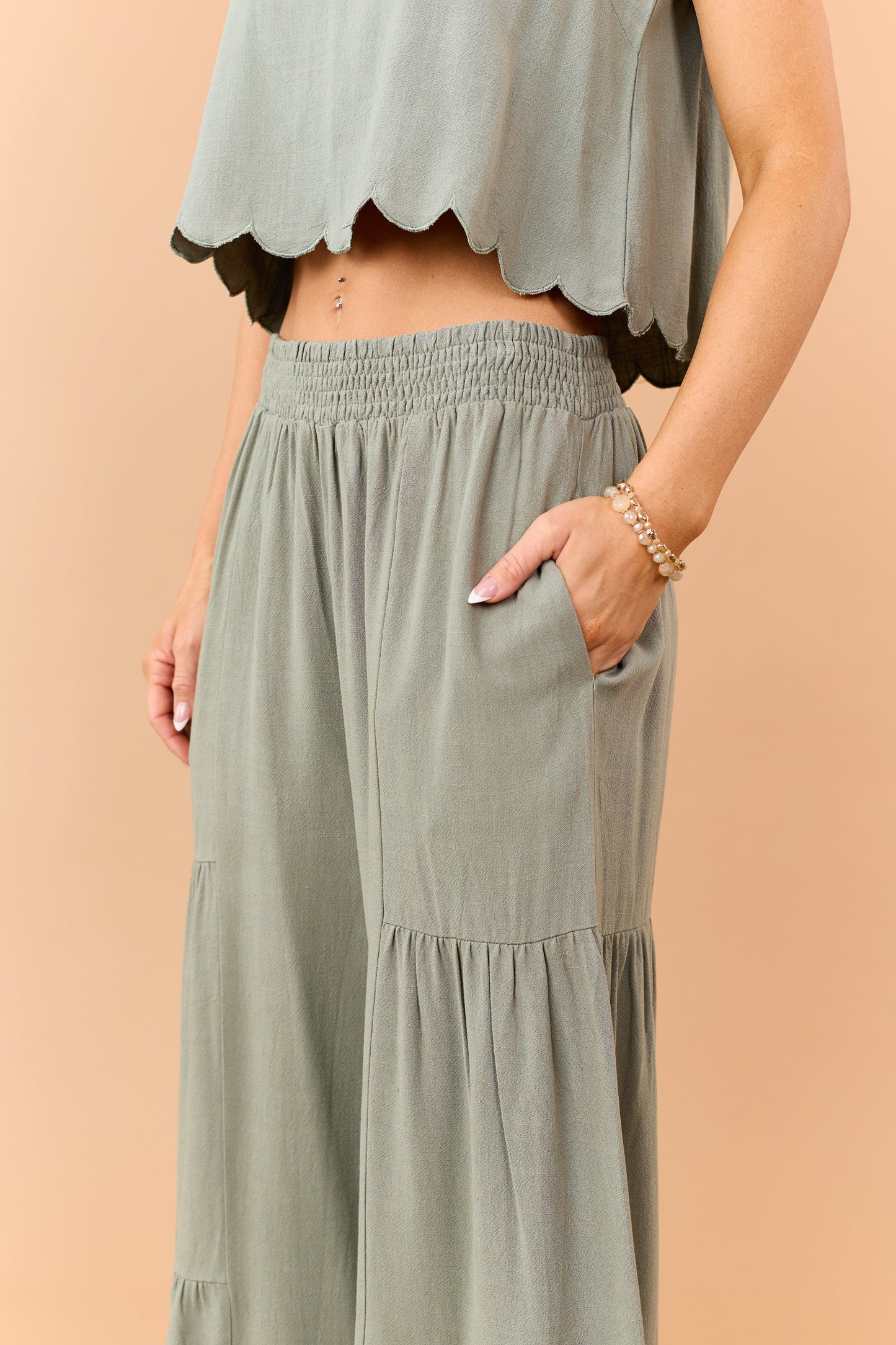 Dark Sage Linen Blend Scalloped Hem Tank Top