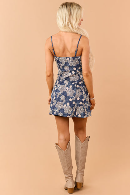 Dark Wash Denim 3D Floral Embroidered Mini Dress