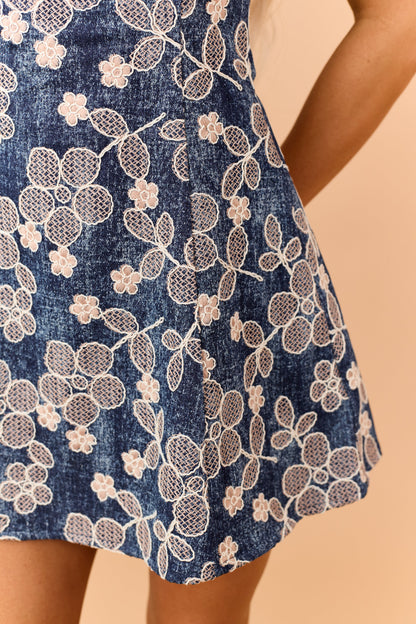 Dark Wash Denim 3D Floral Embroidered Mini Dress
