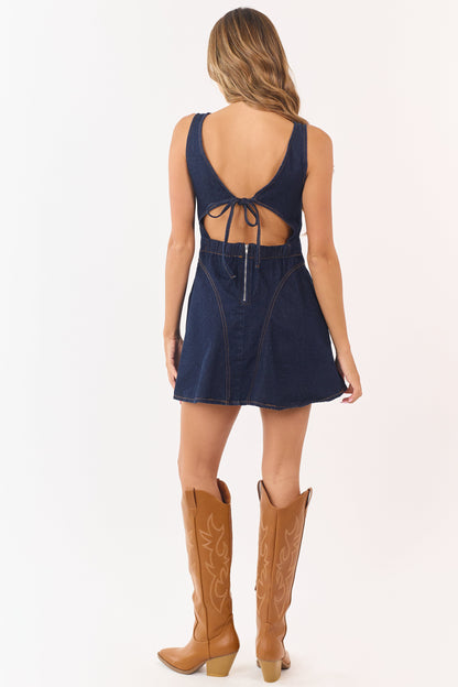 Dark Wash Denim A-Line Sleeveless Mini Dress