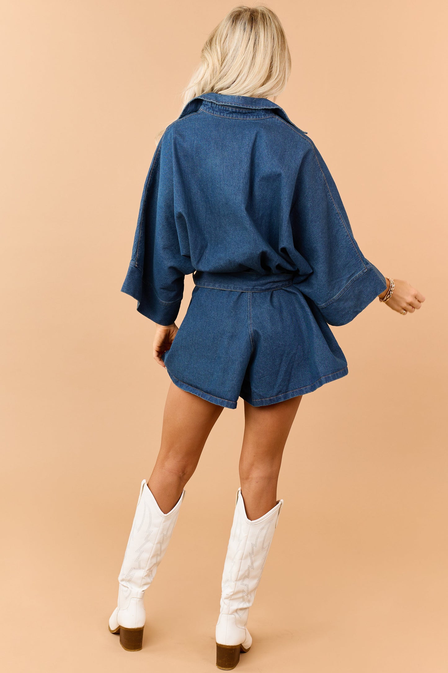 Dark Wash Denim Button Down Bell Sleeve Romper