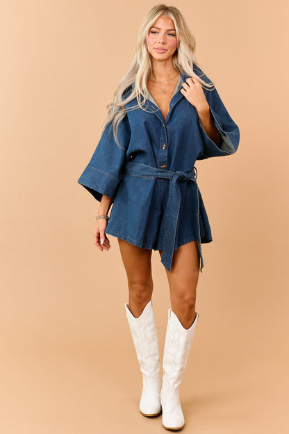 Dark Wash Denim Button Down Bell Sleeve Romper