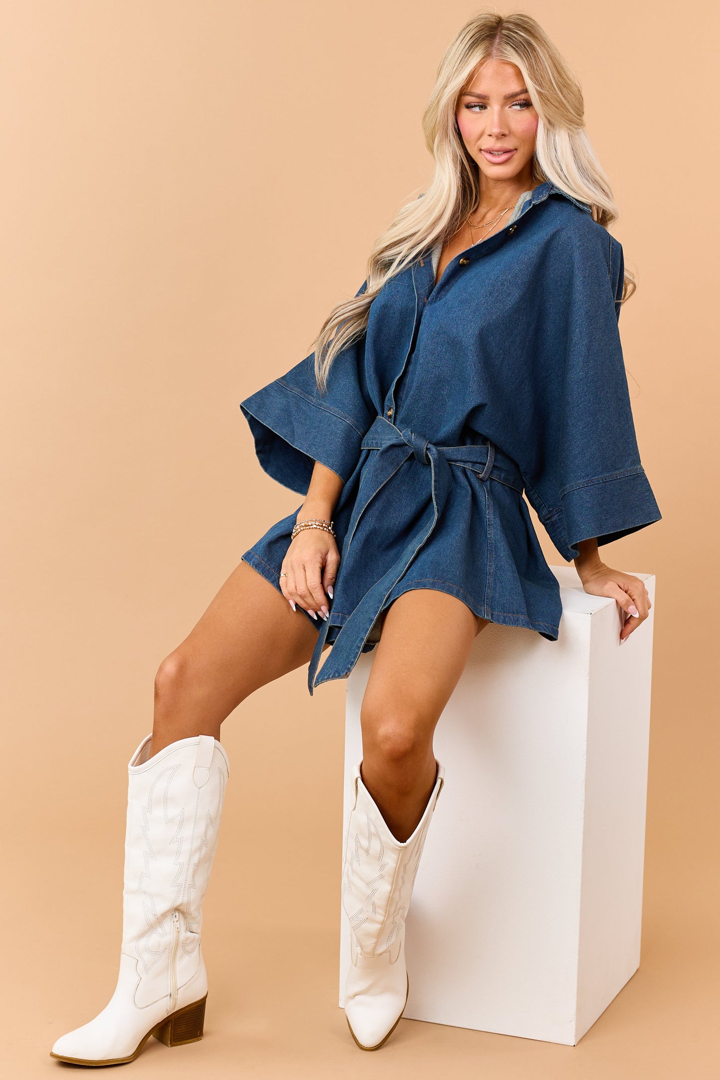 Dark Wash Denim Button Down Bell Sleeve Romper