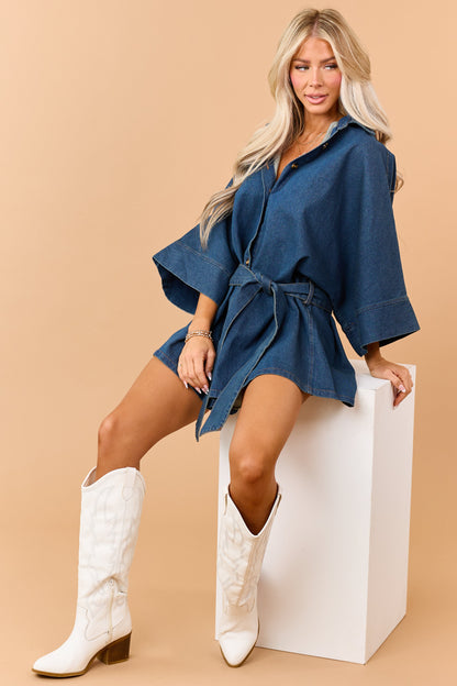 Dark Wash Denim Button Down Bell Sleeve Romper