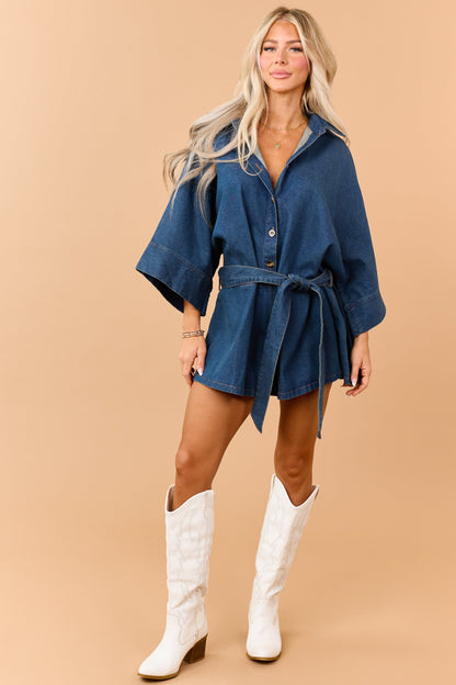 Dark Wash Denim Button Down Bell Sleeve Romper
