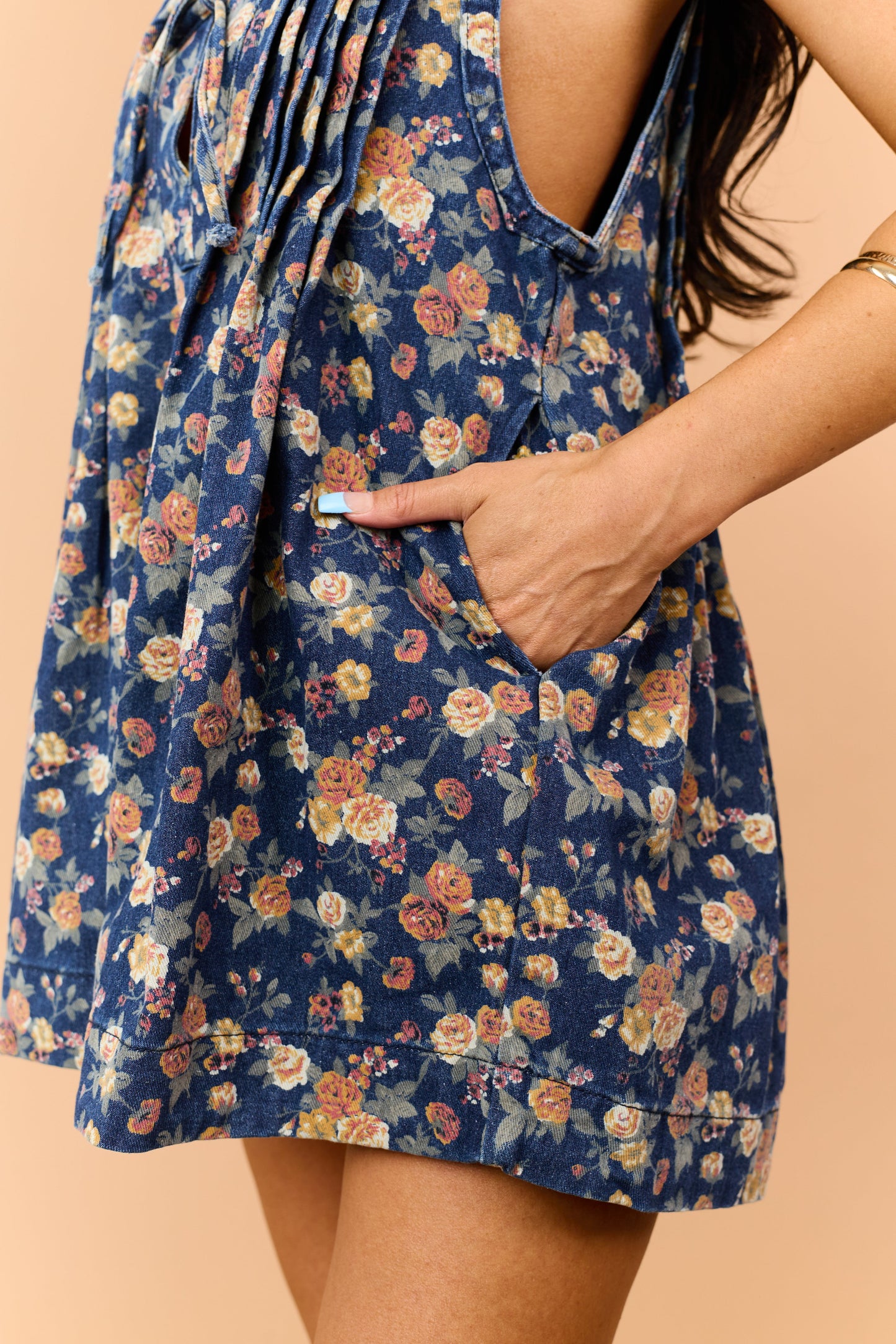 Dark Wash Denim Floral Pleated Bodice Flare Romper