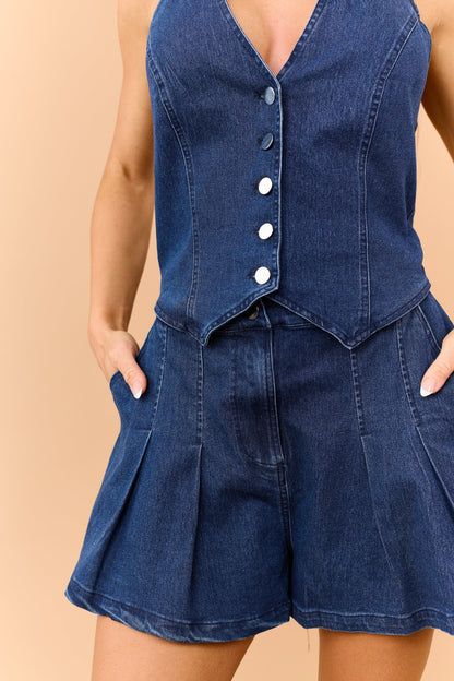 Dark Wash Denim Halter Vest Button Down Romper