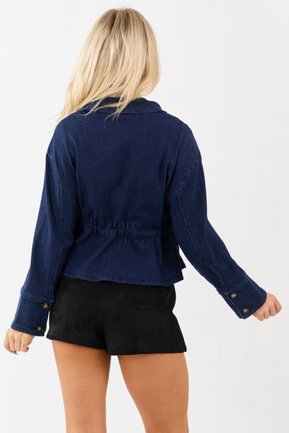 Dark Wash Denim Peplum Waist Tie Jacket