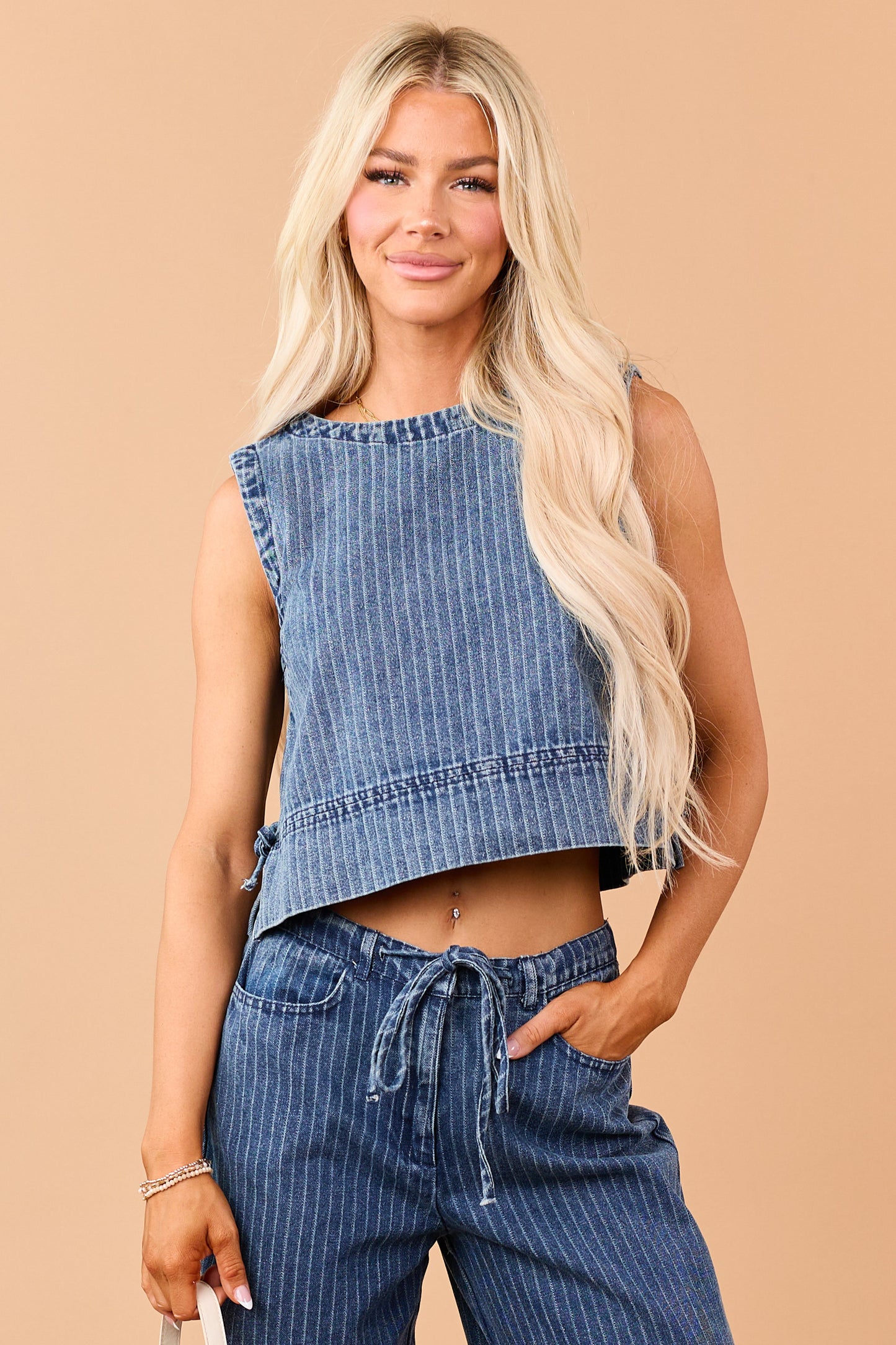 Dark Wash Denim Side Tie Striped Crop Tank Top