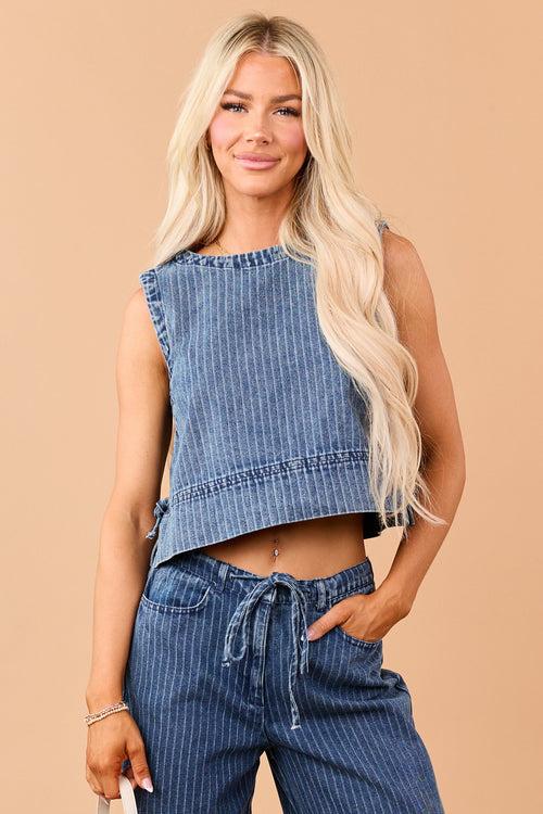 Dark Wash Denim Side Tie Striped Crop Tank Top