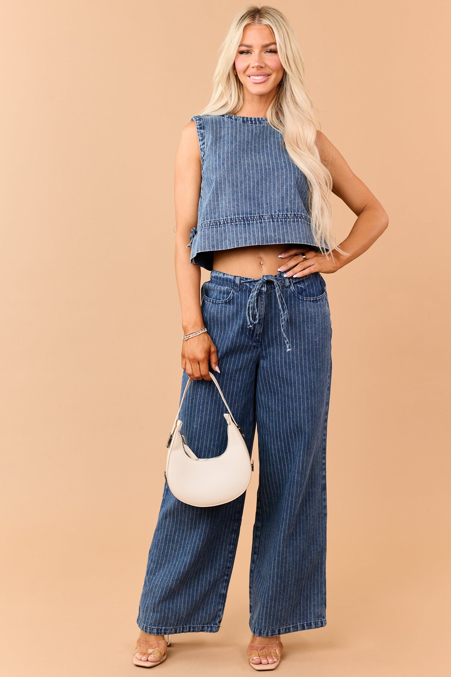 Dark Wash Denim Side Tie Striped Crop Tank Top
