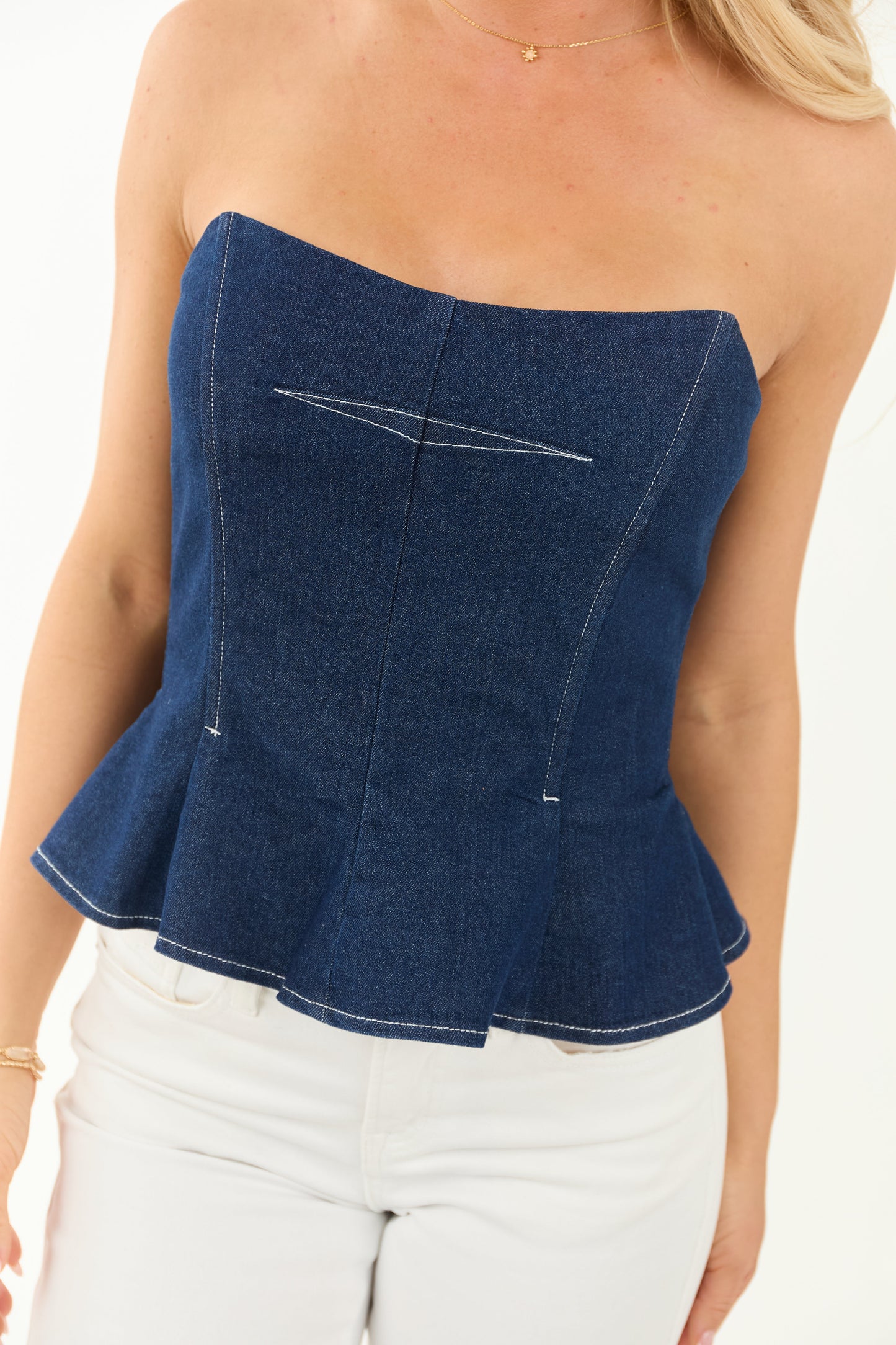 Dark Wash Denim Strapless Bustier Peplum Top