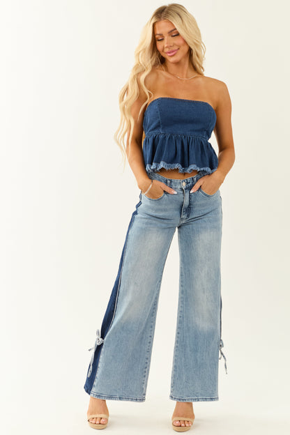 Dark Wash Denim Strapless Peplum Top