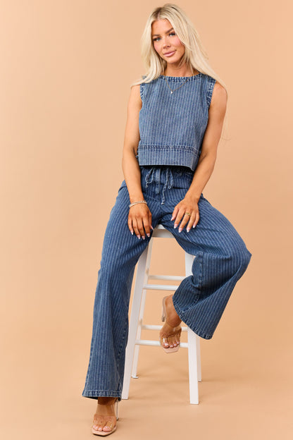 Dark Wash Denim Striped Wide Leg Pants