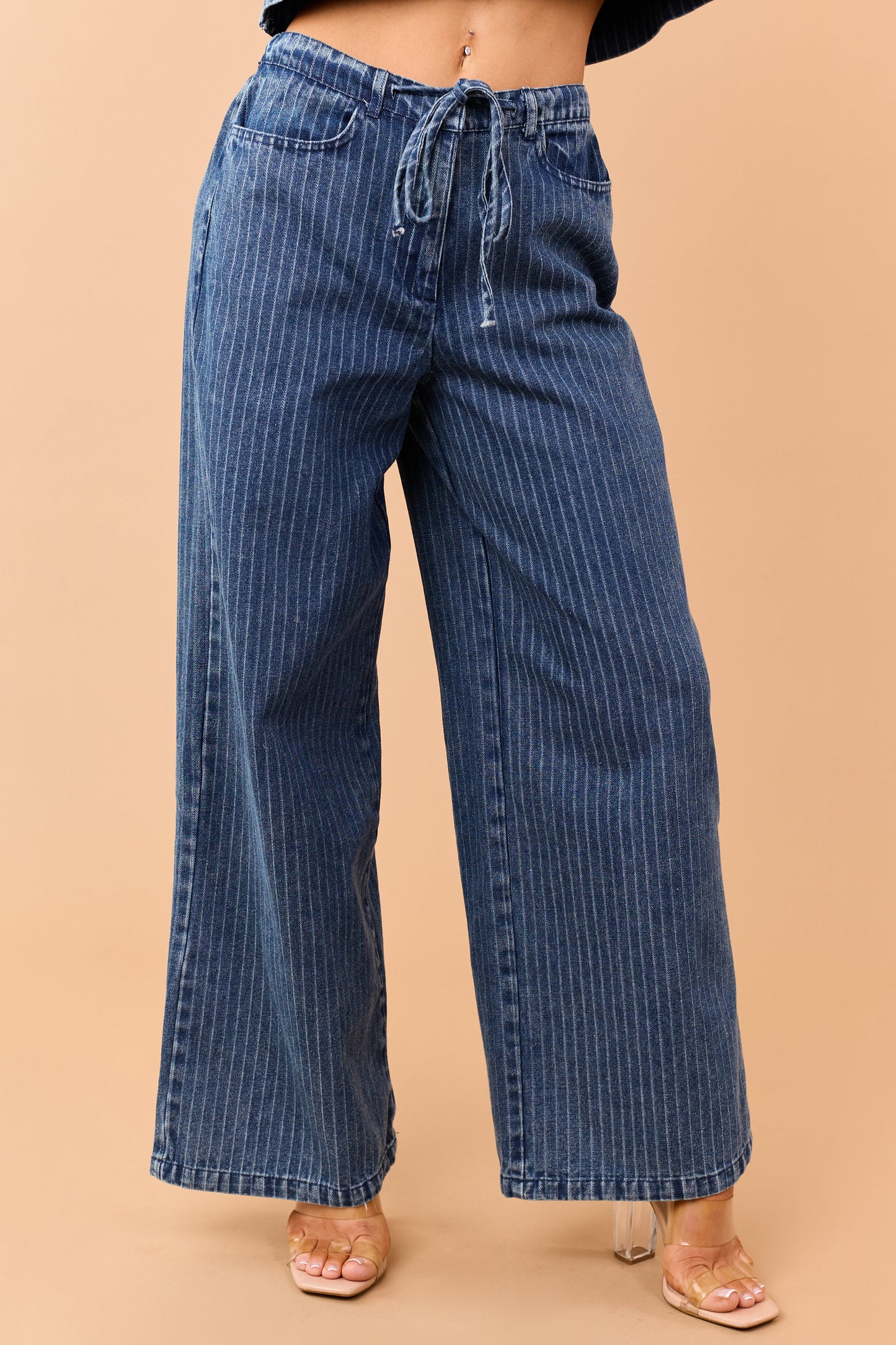 Dark Wash Denim Striped Wide Leg Pants