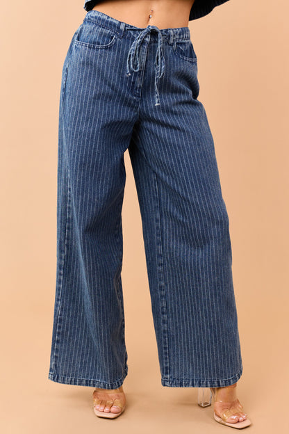 Dark Wash Denim Striped Wide Leg Pants