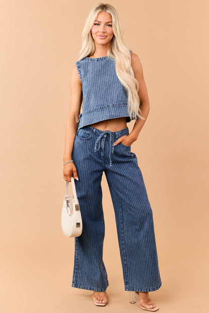 Dark Wash Denim Striped Wide Leg Pants
