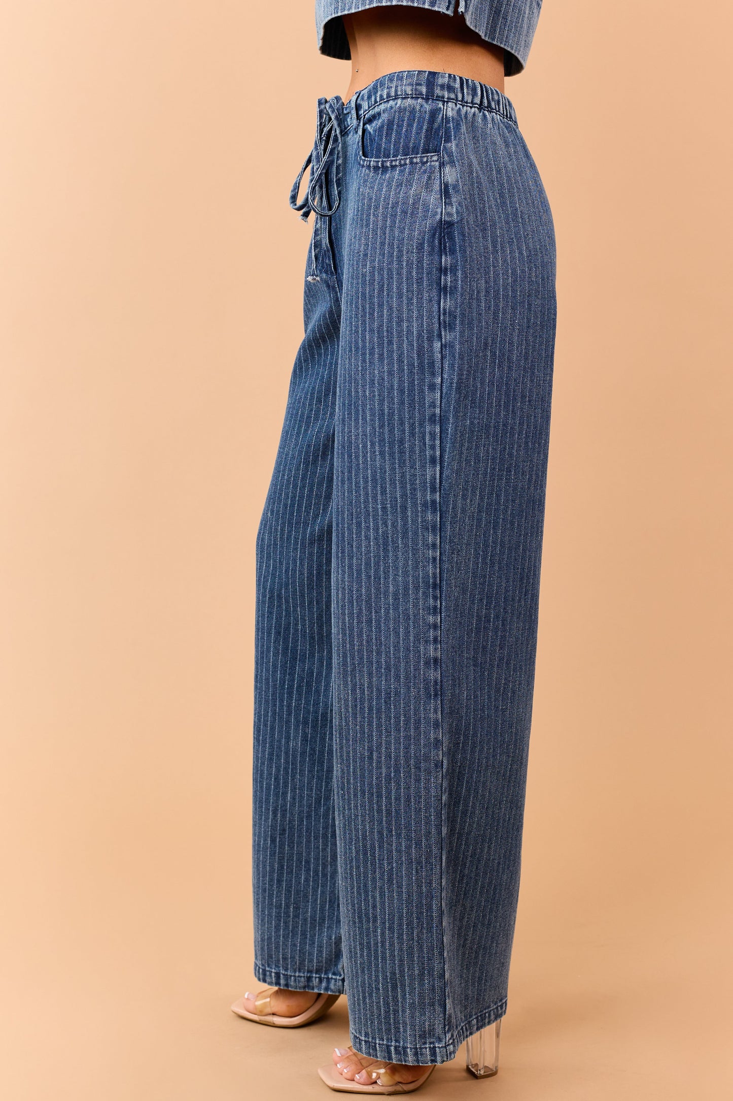 Dark Wash Denim Striped Wide Leg Pants