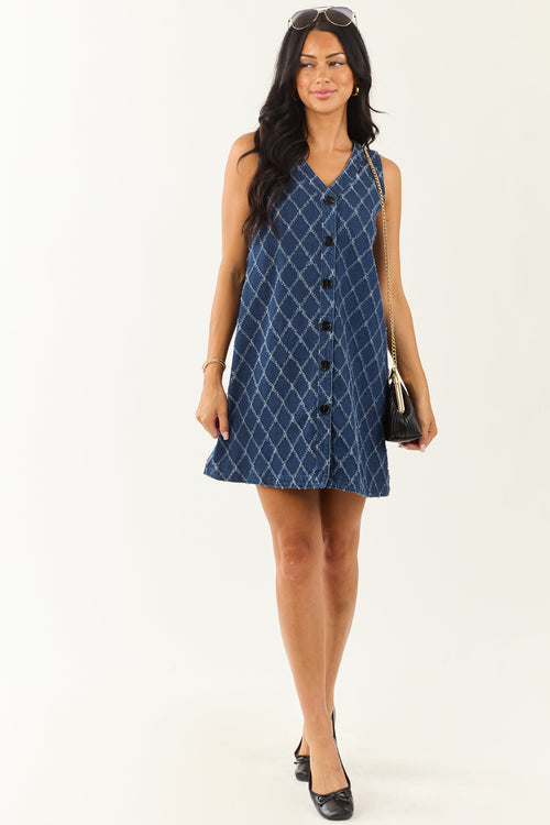 Dark Wash Frayed Geometric Pattern Denim Mini Dress
