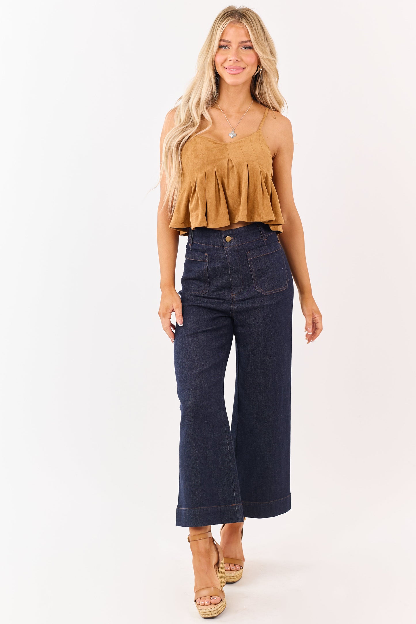 Dark Wash High Rise Patch Pocket Wide Denim Pants