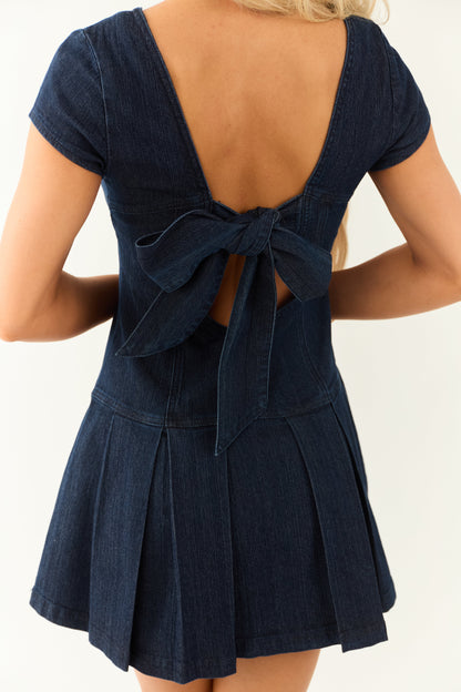 Dark Wash Open Back Cap Sleeve Mini Dress