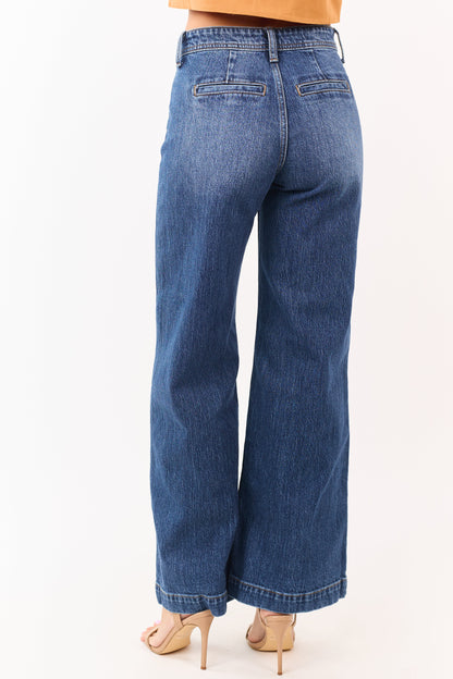 Dark Wash Patch Pocket High Rise Wide Leg Jeans