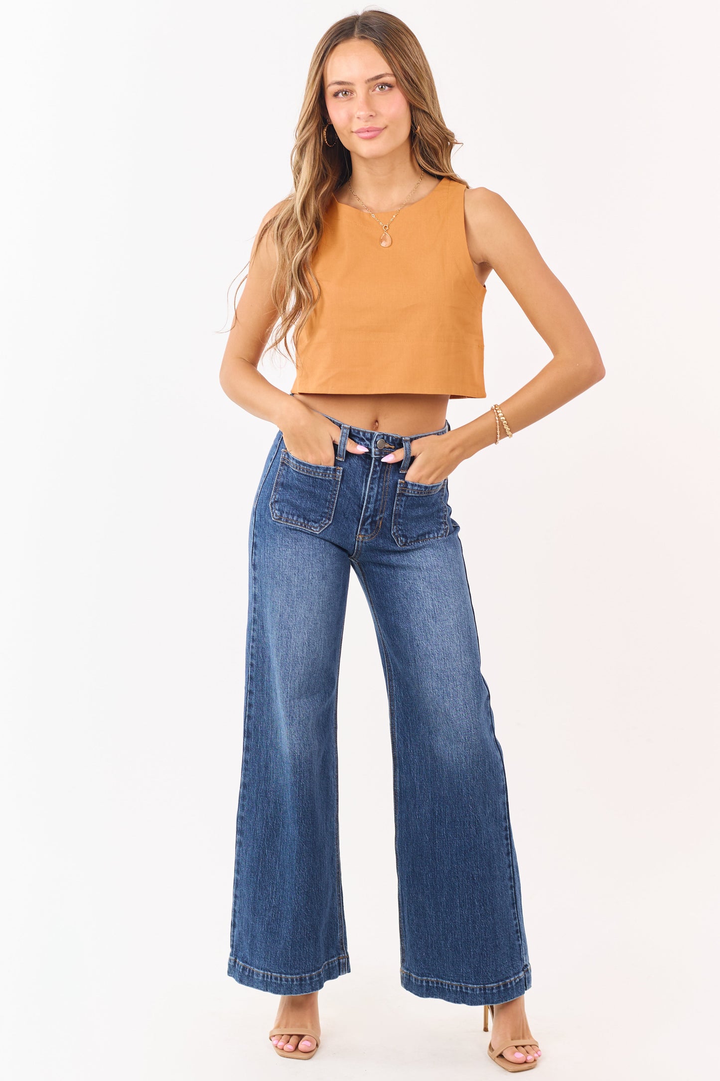 Dark Wash Patch Pocket High Rise Wide Leg Jeans