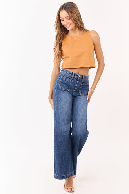 Dark Wash Patch Pocket High Rise Wide Leg Jeans