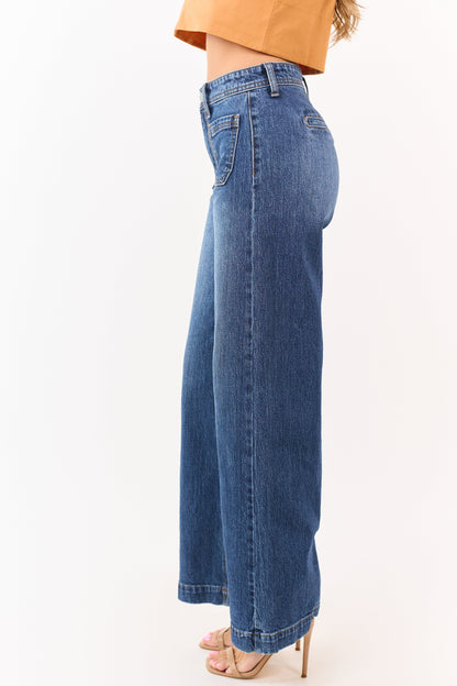Dark Wash Patch Pocket High Rise Wide Leg Jeans