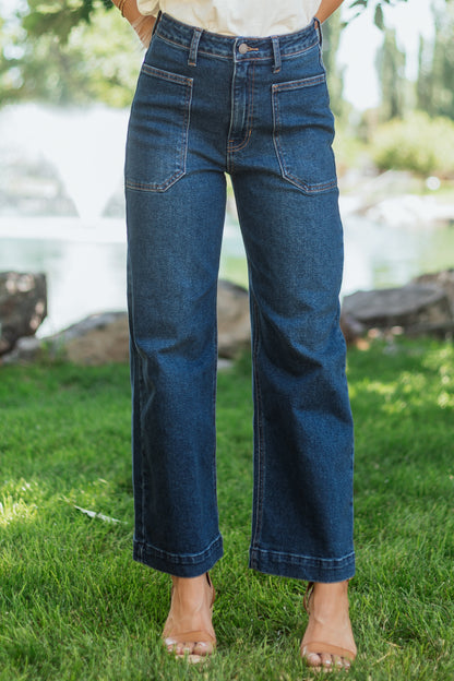 Dark Wash Stretchy Wide Leg Utility Jeans