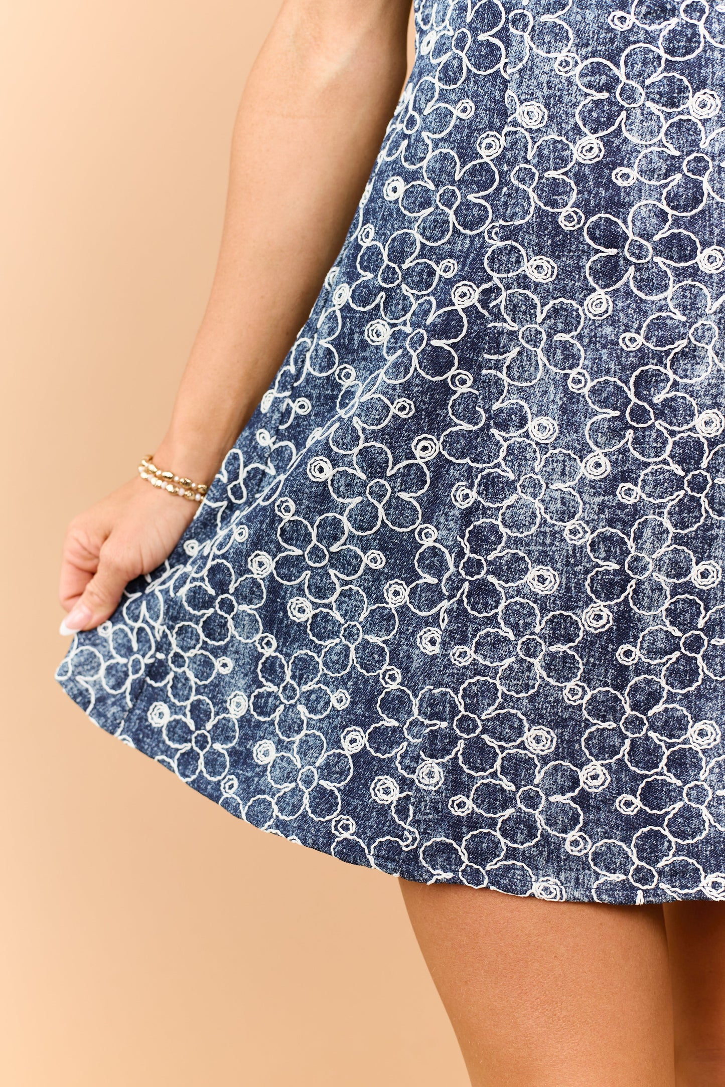 Dark Washed Denim Floral Embroidered Mini Dress