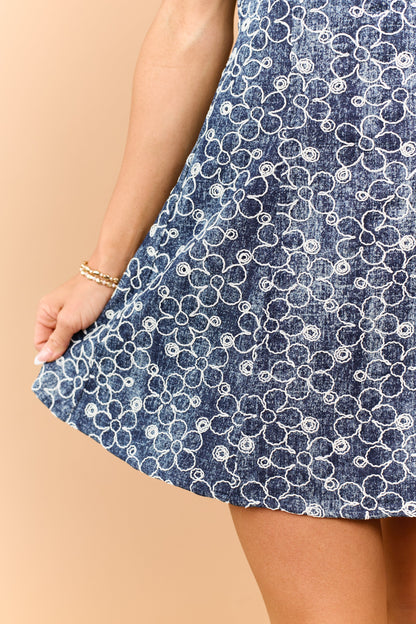 Dark Washed Denim Floral Embroidered Mini Dress