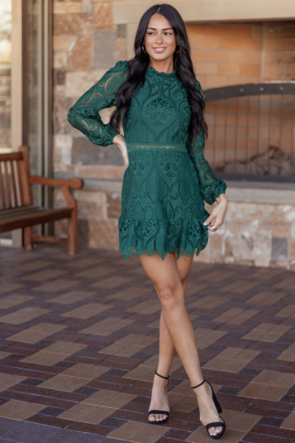 Dark Pine Long Puff Sleeve Lace Mini Dress