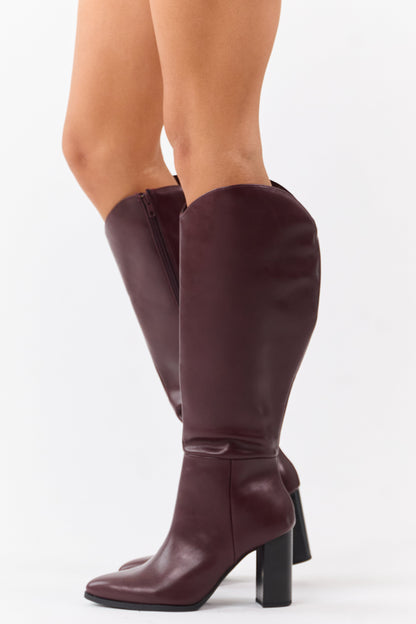 Dark Wine Faux Leather Block Heel Tall Boots