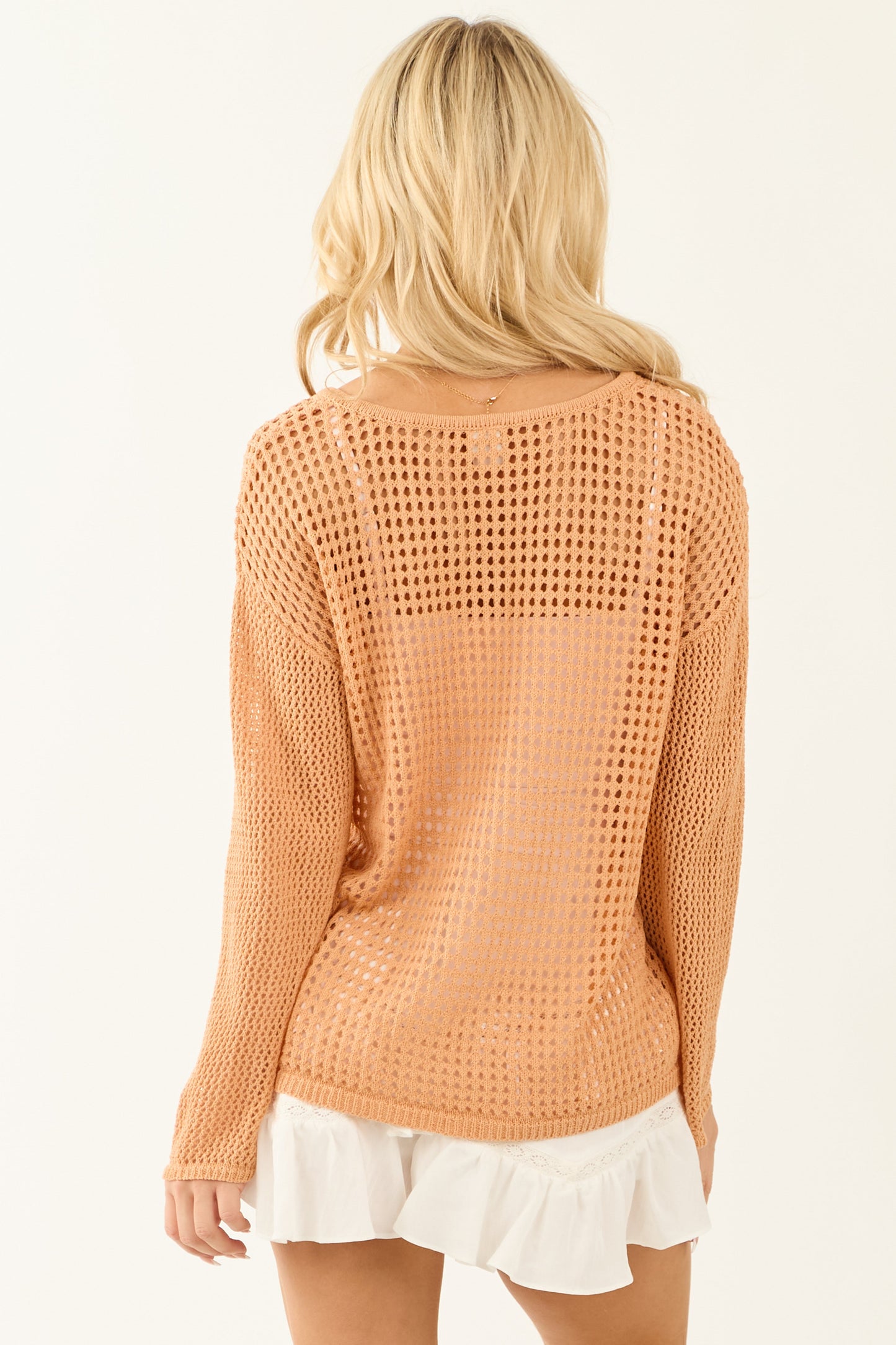 Deep Melon Open Crochet V Neck Long Sleeve Sweater