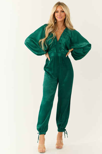 Emerald Textured Satin Deep V Neck Jumpsuit